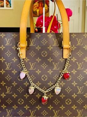 Gold Chain Bag Charm with Red and Iridescent Strawberry Charms